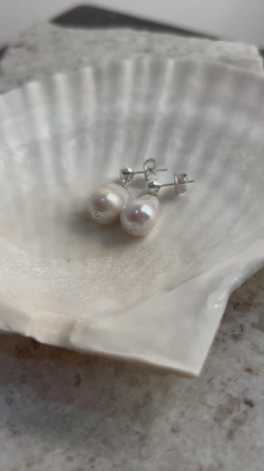 Baroque Pearl Drop Earrings: Sterling Silver, Diamante Detail